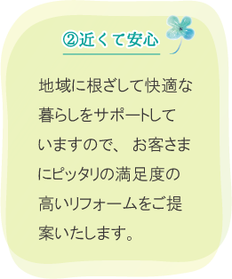 (2)近くて安心。地域に根ざして快適な暮らしをサポートしていますので、お客さまにピッタリの満足度の高いリフォームをご提案いたします。